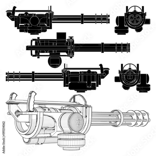 Five-Barrel Gatling Style Machine Gun Vector. A Powerful Rapid-Fire Capabilities And Multiple Cylindrical Barrel Assembly Gun.