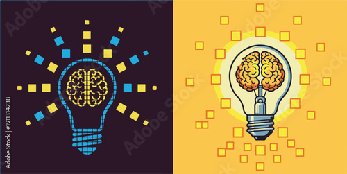 A diverse collection of brain lightbulb icons in various styles, including digital pixels, geometric wireframes, shattered effects, and vintage stamps, symbolizing mental health and innovation.