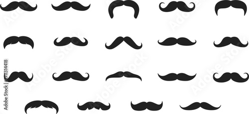 Assortment of 20 black silhouette mustache icons in various styles moustache facial hair