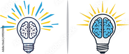 A creative vector illustration of a brain inside a lightbulb, representing a "eureka" moment. Two styles show blue brains with yellow and blue energy rays on a clean white background.