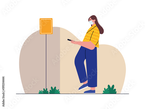 A woman wearing a mask is using a smartphone while waiting at a bus stop or public transportation. Omicron illustration. Flat vector illustration concept.