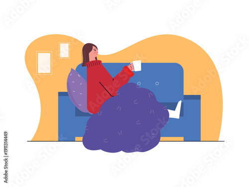 A woman is feeling unwell and is resting on the sofa. Omicron illustration. Flat vector illustration concept.