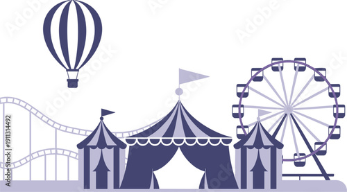 Amusement Park Rides and Attractions in Purple and Blue Tones vector illustration