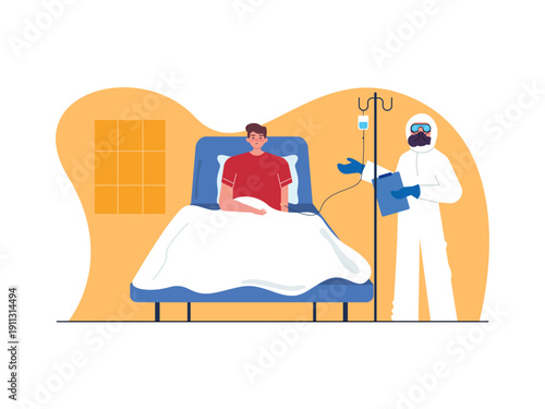 A healthcare professional in full protective gear is providing medical care to a patient in a hospital setting. Omicron illustration. Flat vector illustration concept.