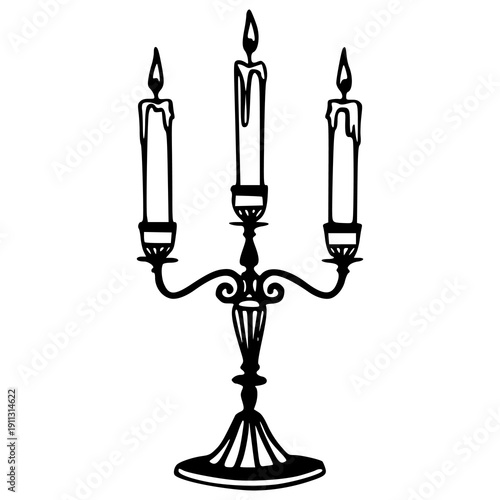 vintage candelabra with three burning candles sketch for interior design