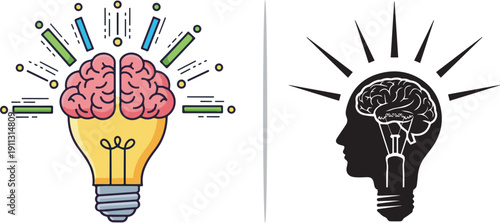 Thirty-six creative vector icons merging brains and lightbulbs. These diverse designs include minimalist line art, vibrant stickers, and glowing emblems symbolizing innovation and intelligence.