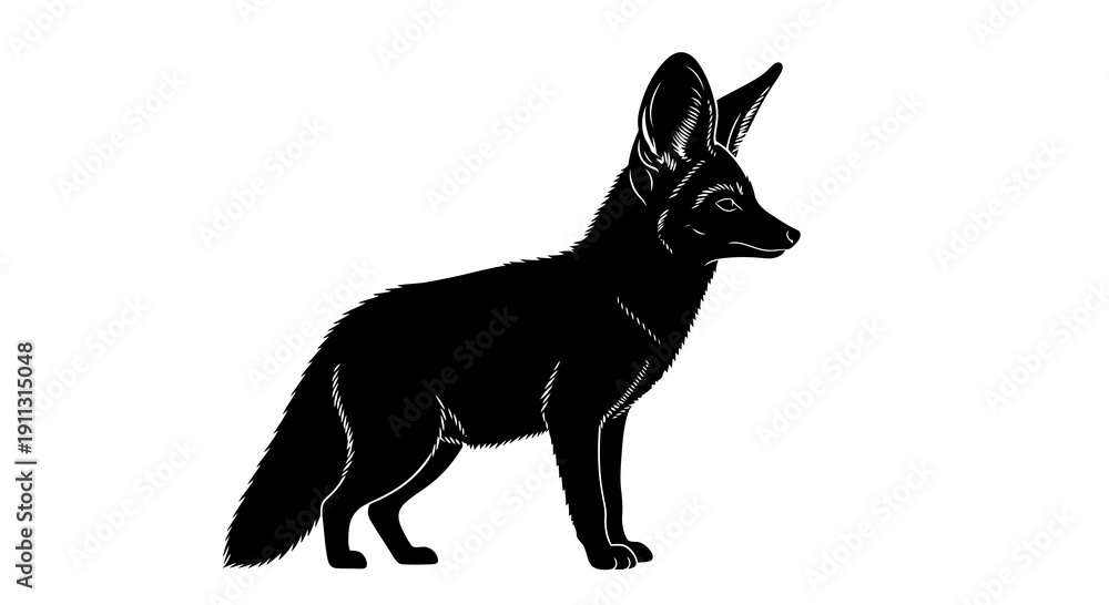 Fototapeta premium A black silhouette of a fox standing on a white background with its head turned to the right.