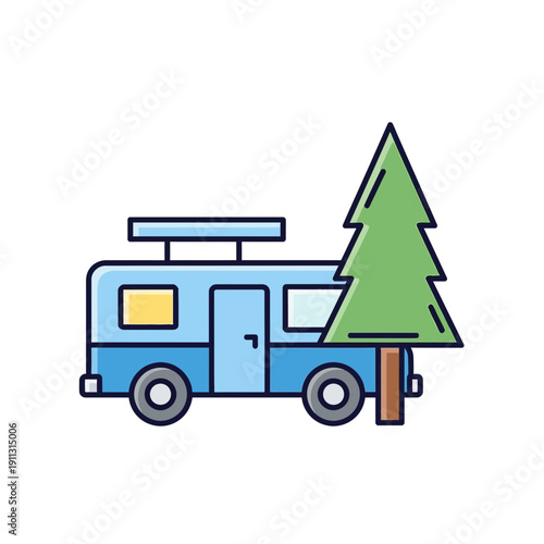 Blue camper van parked next to a green pine tree, flat icon illustration