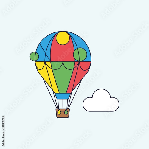 Colorful hot air balloon flying next to a cloud on a light blue background