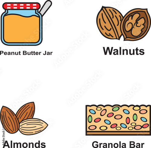 















Healthy Snack Assortment: Peanut Butter Jar, Walnuts, Almonds, and Granola Bar for Busy Lifestyles