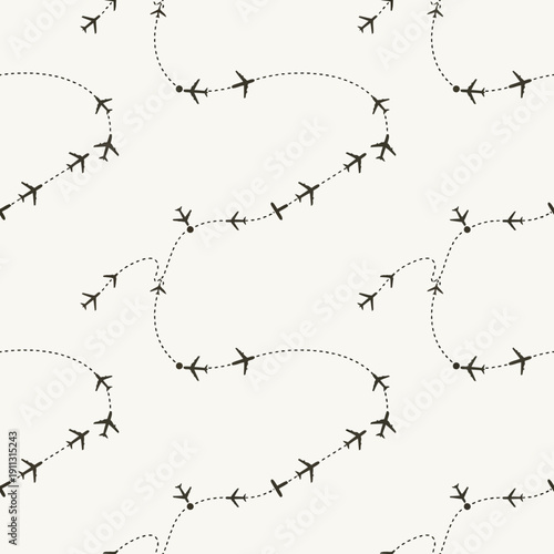 Seamless pattern of airplane routes with dotted lines on a light background