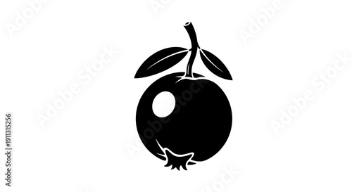 A simple black and white illustration of a fruit with a stem and leaves.
