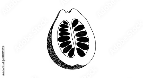 A simple black and white drawing of a halved fruit with seeds inside.