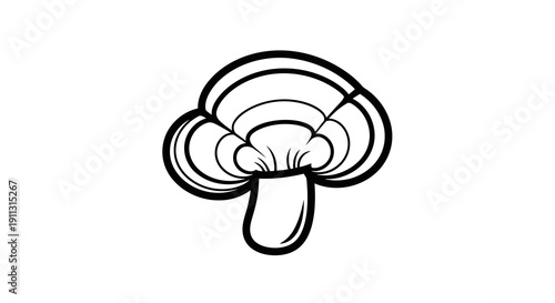 Simple black and white illustration of a mushroom with visible gills and stem.