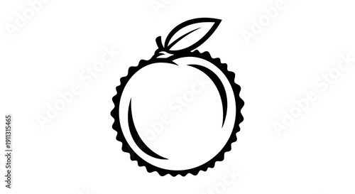 A simple black and white illustration of a peach with a leaf on top.