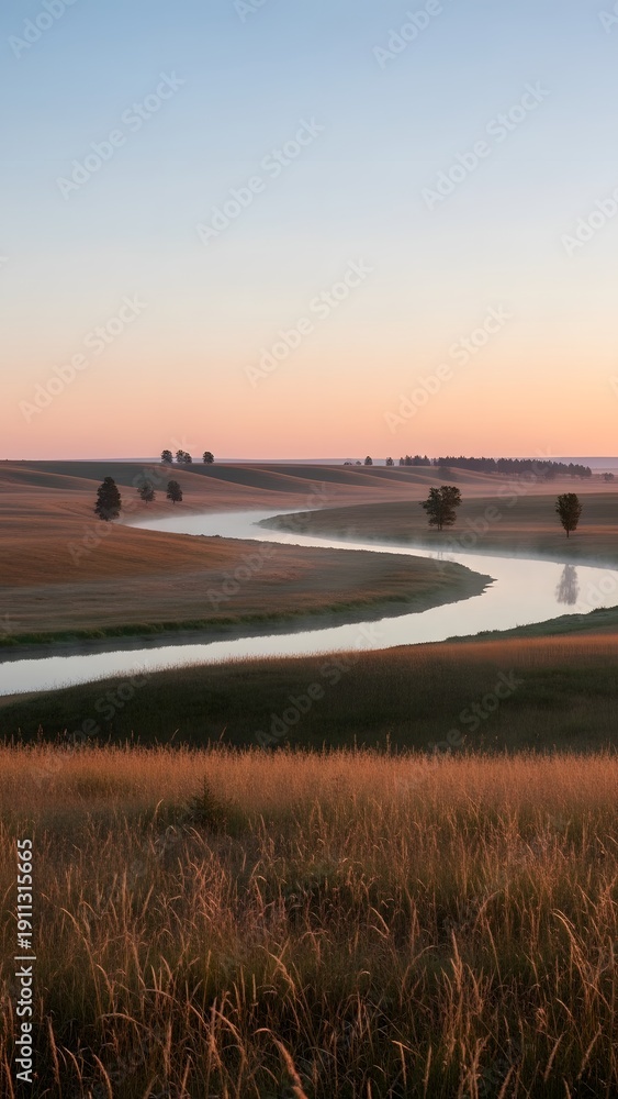 Obraz premium Serene Winding River Through Misty Farmland at Sunrise.
