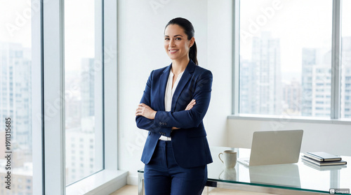 Confident Female Executive Standing in Modern Office with City View