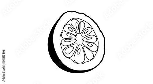 A simple black and white illustration of a halved citrus fruit.