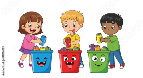 Three diverse children happily sort colorful aluminum cans into anthropomorphic blue, red, and green recycling bins with distinct facial expressions.