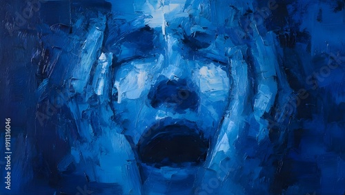 Abstract expressionist painting of a screaming face in deep blue tones