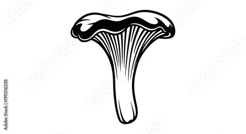 A simple black and white illustration of a mushroom with a distinctive cap and stem.
