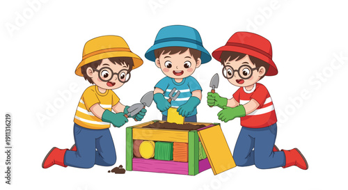 Three happy cartoon boys wearing hats, gloves, and boots are actively engaged in gardening, planting in a vibrant raised planter box with tools.