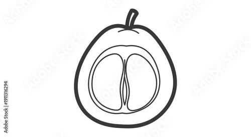 Simple line drawing of a fruit cut open to reveal its pit and seed.