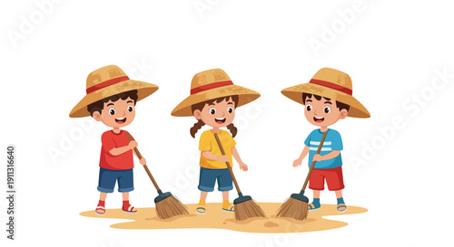 Three happy children wearing straw hats are cheerfully sweeping a patch of dirt with brooms, showing teamwork and responsibility.