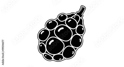 A black and white illustration of a cluster of grapes.