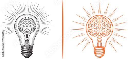 Twelve vector icons showcasing creative brain-lightbulb fusions, featuring diverse artistic styles from minimalist line work to vibrant, glowing emblems that symbolize innovation and genius.