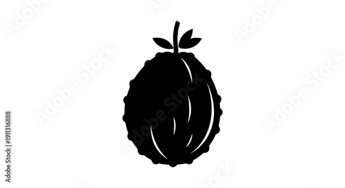 A simple black silhouette of a fruit with a stem and leaves on a white background.