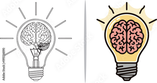 Twelve vector icons merging lightbulbs and brains to symbolize creative innovation and brainstorming. Styles include minimal black outlines, vibrant flat designs, and energetic comic-style graphics.