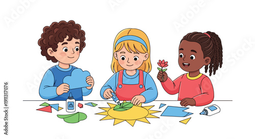 Three diverse children are happily engaged in a creative arts and crafts activity, making nature-themed cutouts like clouds, sun, and flowers at a table.