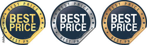 Best price vector badges with fold over. Luxury black gold, bronze, silver labels. For icon, logo, sign, seal, symbol, stamp, sticker. Vector illustration 