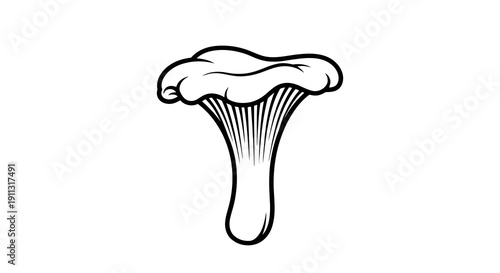 A simple black and white illustration of a mushroom with a distinctive cap and stem.