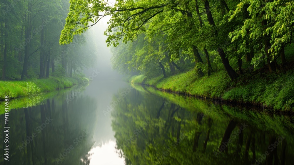 Obraz premium Mist-veiled river winds through lush green trees, reflecting a tranquil emerald forest on calm water in mist