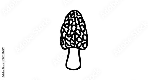 Simple black and white illustration of a morel mushroom on a plain background.
