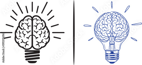 Four creative vector variations of a brain merged with a lightbulb, illustrating mental sparks, radiant intelligence, and innovative thinking across dark and light backgrounds.