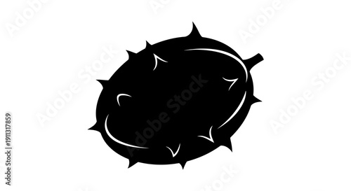 A black silhouette of a thorny fruit with a stem, set against a white background.