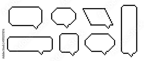 Black pixel text dialog boxes. Empty pixelated frame collection. Retro 8 bit shape pack for speach box, chat bubble, message cloud, communication dialog, talk balloon. Vector pixelated border bundle