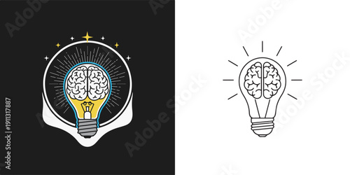 Two brain-bulb vectors: one a detailed gold and blue emblem on a dark background, the other a clean black-and-white line art icon, both representing creative intelligence and enlightenment.