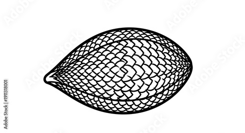A simple black and white illustration of a lemon in a netted bag.