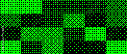 Pixelated bitmap texture. Neon green checkered dither wallpaper. Abstract 8 bit screen pattern. Arcade video game background. Retro pixel art backdrop. Vector glitch distorted raster effect overlay