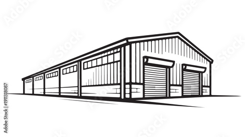 Industrial warehouse building in modern minimalist style with clean lines and simple architecture for construction and real estate
