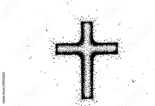 A black cross symbol formed by small dots on a white surface viewed straight