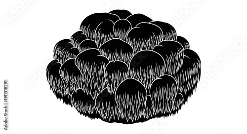 A black and white illustration of a cluster of spheres with spiky texture on a white background.