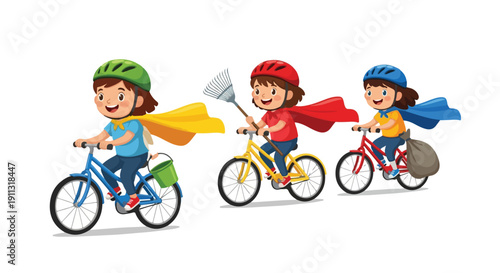 Three cheerful cartoon children, dressed as superheroes with helmets and capes, ride bicycles while carrying a bucket, rake, and sack, ready for a clean-up adventure.