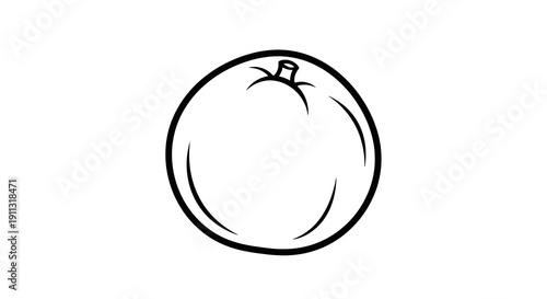 A simple black and white drawing of a tomato on a plain background.