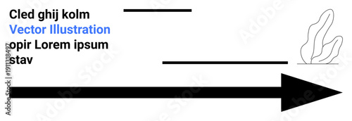 Direction, motion, graphic design, communication, minimalism, modern visuals. Black arrow with text elements and abstract lines next to shapes. Direction and graphic design concept