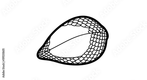 A simple black and white illustration of a fishing net on a white background.